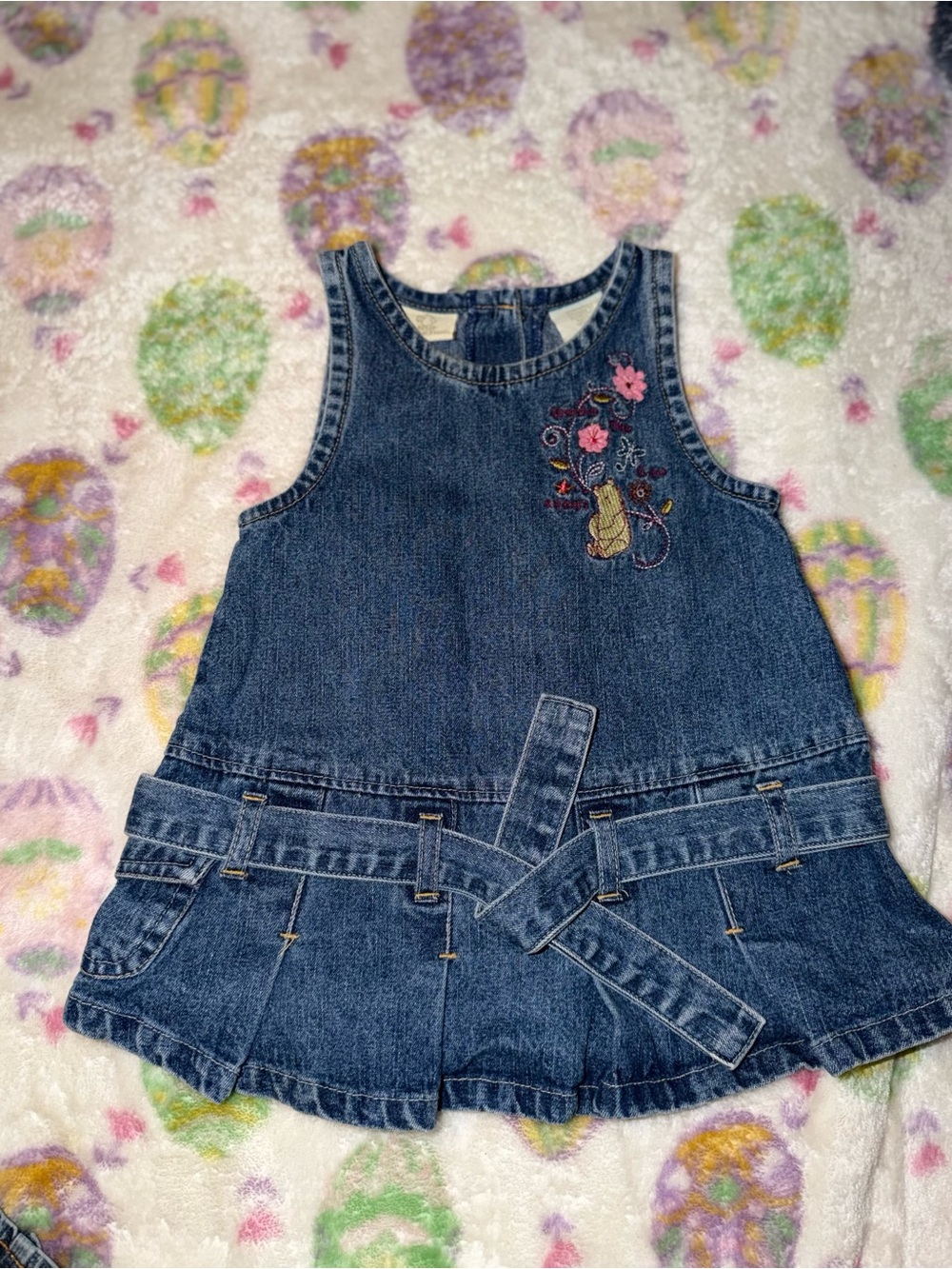 Girls' Denim Embroidered Skirted Overall Dress - Blue